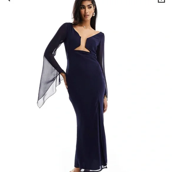 ASOS Midi Flowy Long Sleeve Cutout Dress in Navy - Picture 4 of 8